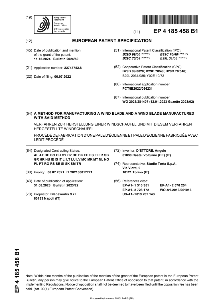 European Patent EP 4 185 458 B1 – front page